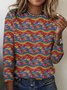 T-shirts Rétro Printemps / Automne Plaid Coton Micro-élasticité Col Rond Régulier Trapèze Régulier pour Femmes