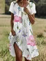 Femmes Floral Blanc Col Rond Confortable Robe Mi-Longue Décontracté