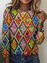 T-shirts Rétro Printemps / Automne Plaid Polyester Micro-élasticité Quotidien Manches Longues Trapèze Régulier pour Femmes
