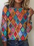 T-shirts Rétro Printemps / Automne Plaid Polyester Micro-élasticité Quotidien Manches Longues Trapèze Régulier pour Femmes
