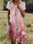 Femmes Floral Rose Col Rond Confortable Robe Mi-Longue Décontracté