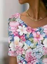 T-shirts Décontracté Floral Été Aucune élasticité Ample Jersey Manches Courtes Droit T.-N.-L. pour Femmes
