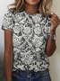 T-shirts Rétro Floral Été Micro-élasticité Quotidien Coupe Régulière Manches Courtes Col Rond Trapèze pour Femmes