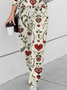 Deux Pièces Ensembles Décontracté Floral Printemps / Automne Cordon de Serrage Quotidien Taille Moyenne Col Rond Top Avec Pantalons Droit pour Femmes