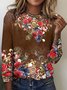 T-shirts Femmes Rétro Printemps / Automne Plaid Micro-élasticité Manches Longues Col Rond Régulier Trapèze Régulier