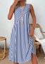 Femmes Rayé Bleu Col Rond Confortable Robe Mi-Longue Décontracté