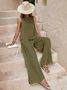Deux Pièces Ensembles Décontracté Plain Été Polyester Micro-élasticité Sans Manches Col Rond Top Avec Pantalons Droit pour Femmes