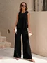 Deux Pièces Ensembles Décontracté Plain Été Polyester Micro-élasticité Sans Manches Col Rond Top Avec Pantalons Droit pour Femmes