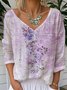 T-shirts Rétro Printemps / Automne impression en 3D Col V Aucune élasticité Quotidien Jersey Manches Longues 2025POD pour Femmes