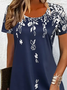 Femmes Floral Bleu Violacé Col Rond Confortable Imprimé Mini Robe Décontracté