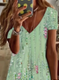 Femmes Floral Vert Col V Confortable Imprimé Robe de Longueur Au Genou Décontracté