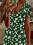Femmes Floral Vert Col V Confortable Imprimé Robe de Longueur Au Genou Décontracté