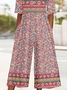 Combinaisons Femmes Rétro Ethnique Été Polyester Col V Micro-élasticité Pantalon à la cheville T-shirt Droit