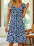 Femmes Floral Bleu Col V Confortable Imprimé Robe de Longueur Au Genou Décontracté