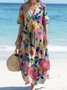 Femmes Floral Rose Col V Confortable Robe Maxi Décontracté
