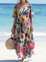 Femmes Floral Rose Col V Confortable Robe Maxi Décontracté