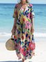 Femmes Floral Rose Col V Confortable Robe Maxi Décontracté