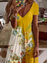 Femmes Floral Jaune Col V Confortable Robe de Longueur Au Genou Rétro