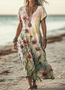 Femmes Floral Kaki Clair Col V Confortable Robe Maxi Décontracté