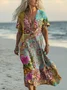 Femmes Floral Bleu Aqua Col V Confortable Robe Maxi Rétro
