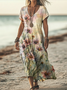 Femmes Floral Kaki Clair Col V Confortable Robe Maxi Décontracté