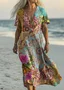 Femmes Floral Bleu Aqua Col V Confortable Robe Maxi Rétro