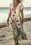 Femmes Floral Kaki Clair Col V Confortable Robe Maxi Décontracté
