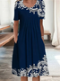 Femmes Floral Bleu Violacé Col Rond Confortable Imprimé Robe Mi-Longue Décontracté
