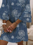 Femmes Floral Bleu Col V Confortable Robe Mi-Longue Boho