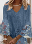 Femmes Floral Bleu Col V Confortable Imprimé Robe Mi-Longue Décontracté