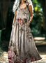 Femmes Floral Brun Clair Col V Confortable Robe Maxi Décontracté