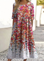 Femmes Floral Rouge Col Rond Confortable Robe Maxi Décontracté