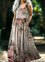 Femmes Floral Brun Clair Col V Confortable Robe Maxi Décontracté