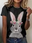 T-shirts Décontracté Été PÂQUES (lapin) Micro-élasticité Jersey Manches Courtes Col Rond Droit Régulier pour Femmes