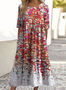 Femmes Floral Rouge Col Rond Confortable Robe Maxi Décontracté