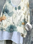 T-shirts en Lin Floral Printemps / Automne Coton Col V Micro-élasticité Quotidien Ample Manches Longues pour Femmes