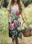 Femmes Floral Gris Clair Col V Confortable Robe Maxi Décontracté