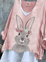 T-shirts Femmes Rétro Printemps / Automne PÂQUES (lapin) Col V Micro-élasticité Quotidien Ample Manches Longues Trapèze