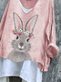 T-shirts Femmes Rétro Printemps / Automne PÂQUES (lapin) Col V Micro-élasticité Quotidien Ample Manches Longues Trapèze