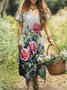 Femmes Floral Gris Clair Col V Confortable Robe Maxi Décontracté