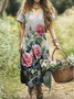Femmes Floral Gris Clair Col V Confortable Robe Maxi Décontracté