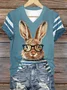 T-shirts Femmes Décontracté Été PÂQUES (lapin) Col V Micro-élasticité Manches Courtes en Mélangé de Coton Trapèze Régulier