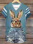 T-shirts Femmes Décontracté Été PÂQUES (lapin) Col V Micro-élasticité Manches Courtes en Mélangé de Coton Trapèze Régulier