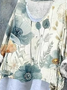 T-shirts en Lin Floral Printemps / Automne Coton Col V Micro-élasticité Quotidien Ample Manches Longues pour Femmes