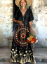 Femmes Floral Noir Col V Confortable Robe Maxi Décontracté