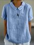 Blouses Simple Été Libellule Coton Demi Manche Col Châle Régulier Droit Régulier pour Femmes