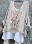 T-shirts Femmes Rétro Printemps / Automne PÂQUES (lapin) Col V Micro-élasticité Quotidien Ample Manches Longues Trapèze