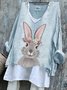 T-shirts Femmes Rétro Printemps / Automne PÂQUES (lapin) Col V Micro-élasticité Quotidien Ample Manches Longues Trapèze