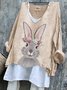 T-shirts Femmes Rétro Printemps / Automne PÂQUES (lapin) Col V Micro-élasticité Quotidien Ample Manches Longues Trapèze
