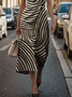 Femmes Abstrait Rayé Brun Col Rond Confortable Imprimé Robe Maxi Rétro